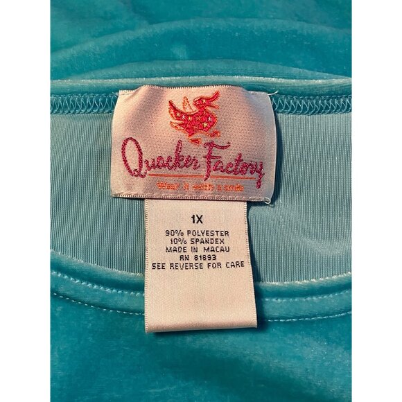 Quacker Factory Size 1X Velvet Blue Short Sleeve Shirt Rhinestone Embellishments - Picture 5 of 7